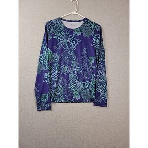 Title Nine Blue Green Floral LS Athletic Stretch Rashguard Shirt Women's Medium